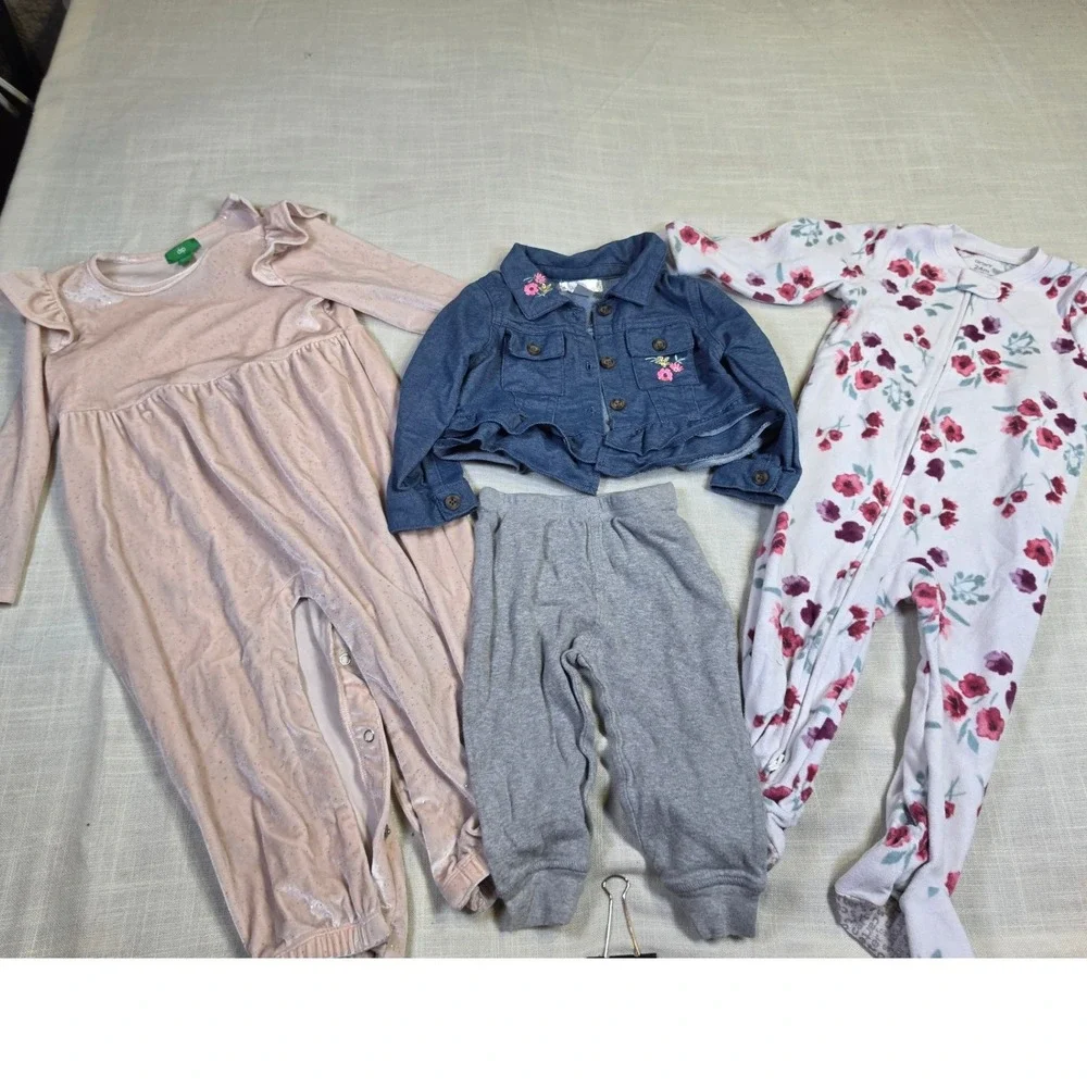 Baby Girl 4pc Bundle Carters Floral Sleeper Velvet Romper Denim Jacket 18-24M